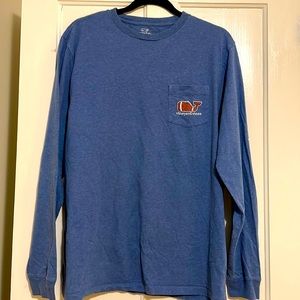 Vineyard Vines men’s long sleeve blue Tee.  Football-themed Whale.